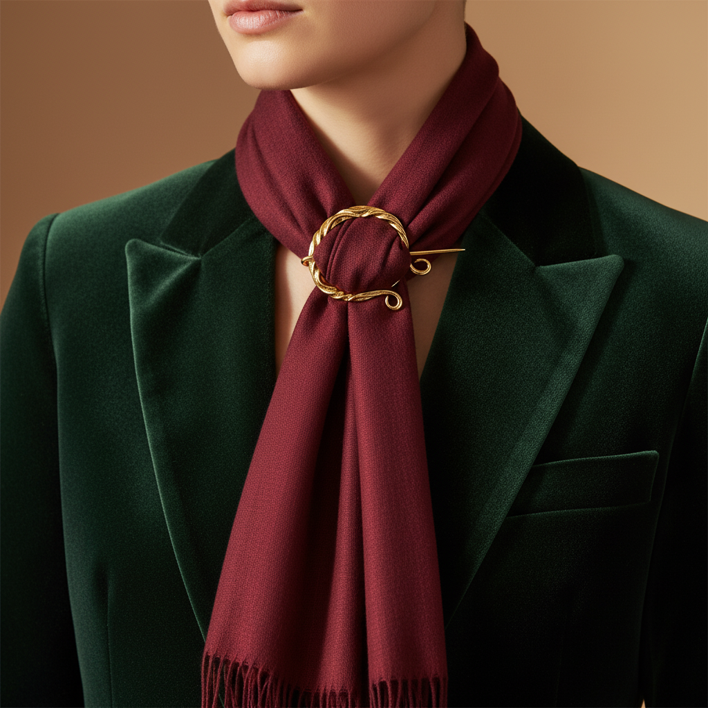 Gold vine brooch pin securing burgundy scarf on forest green velvet blazer