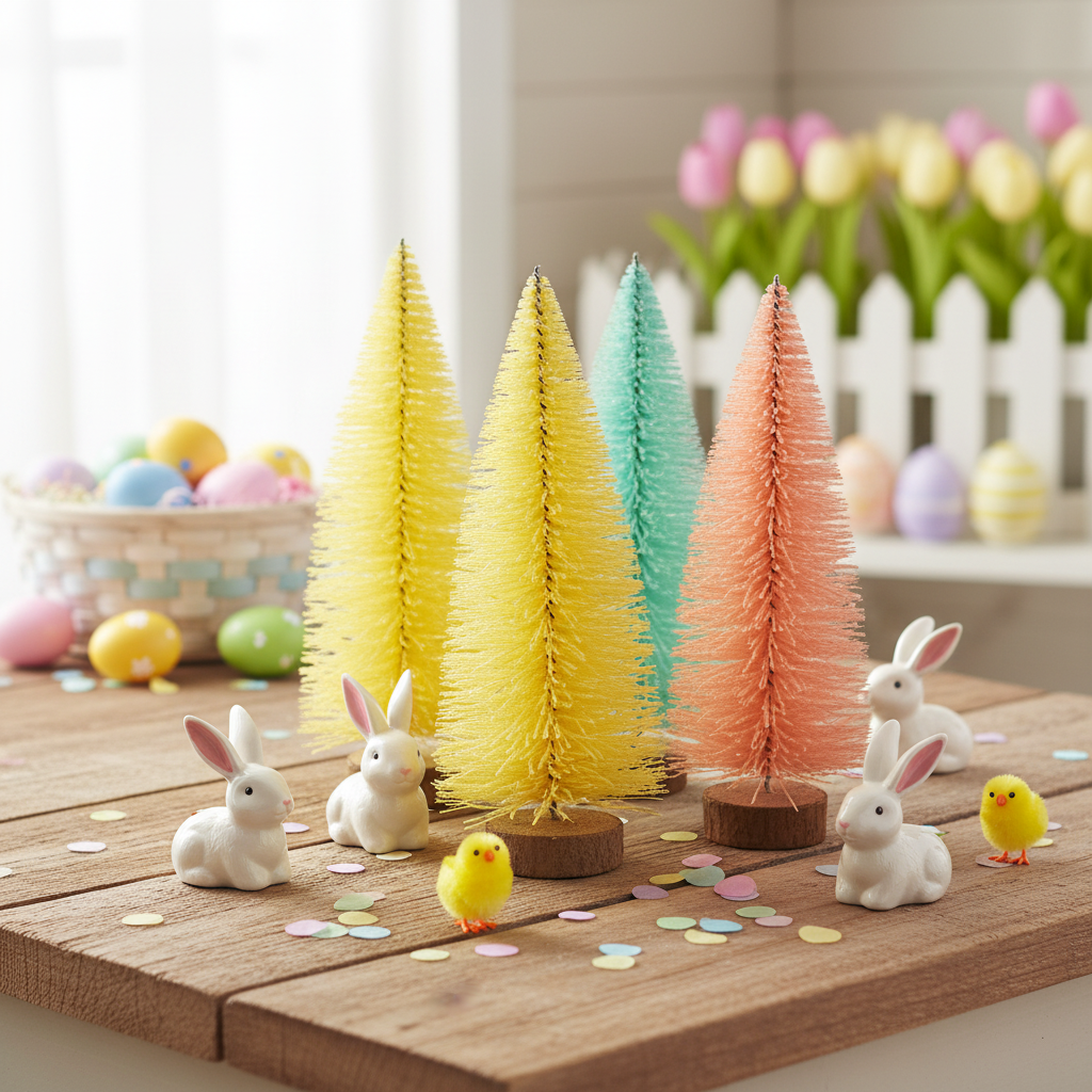 Pastel bottle brush trees displayed with small bunnies and baby chicks for Easter table decor