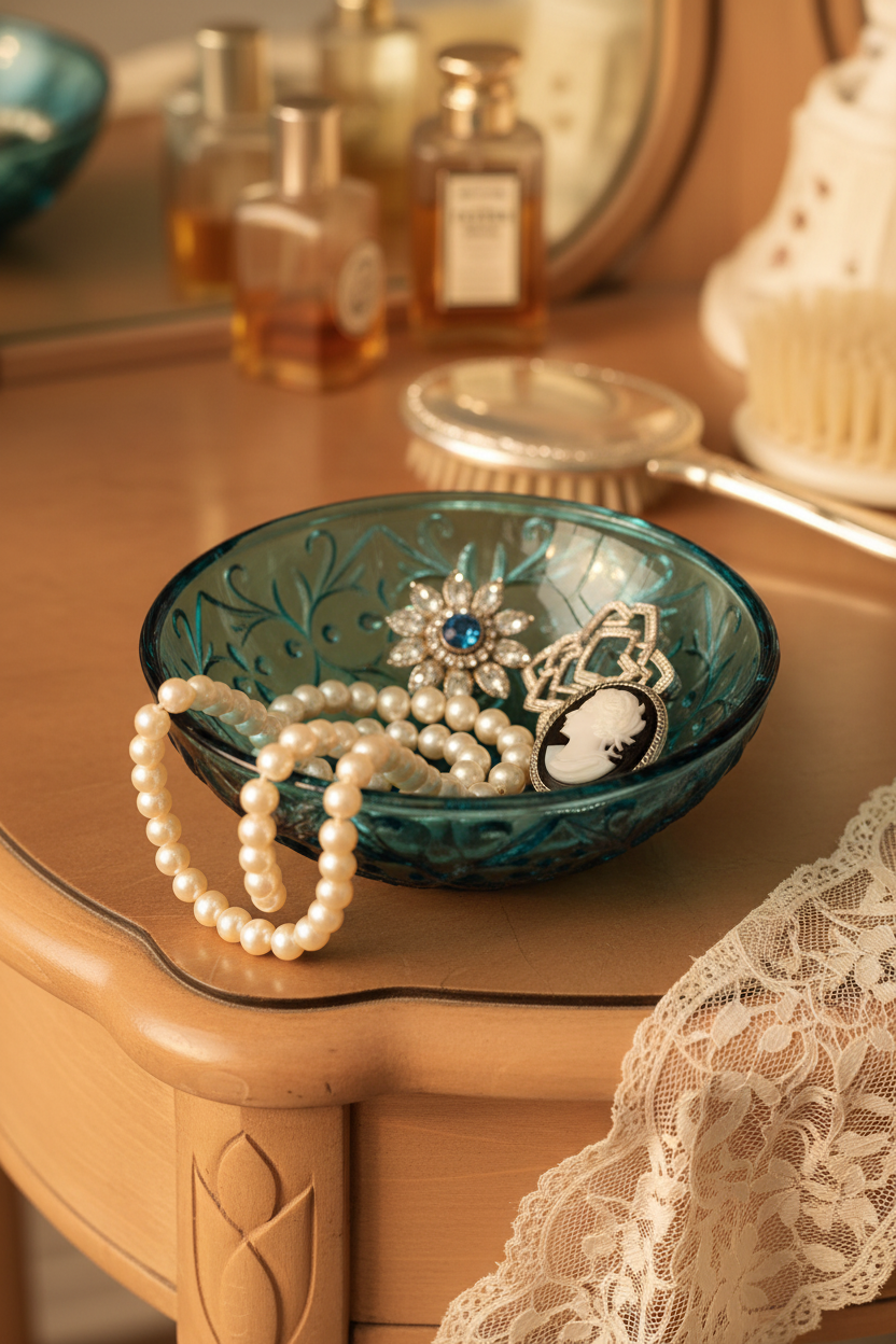 Teal blue Queen Mary glass bowl holding vintage pearls and antique jewelry on vanity table, close-up lifestyle shot