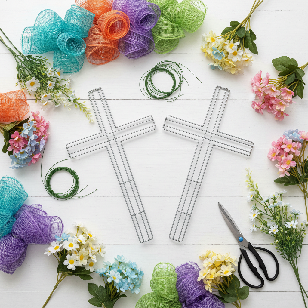 Flat lay of metal cross wire frame with craft supplies including mesh ribbon, flowers, and greenery