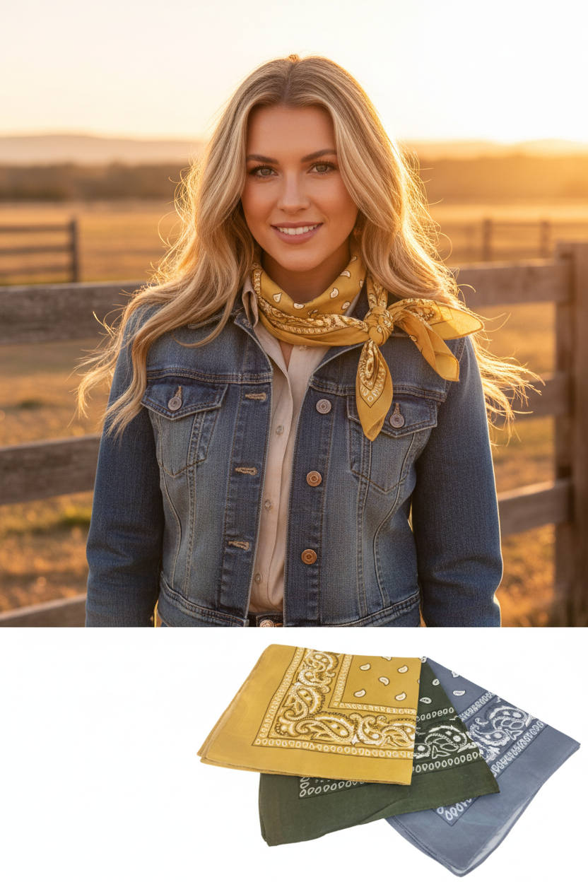 Cowgirl wearing gold paisley bandana as a wild rag at the neck with olive and gray bandanas folded in the foreground, ranch setting