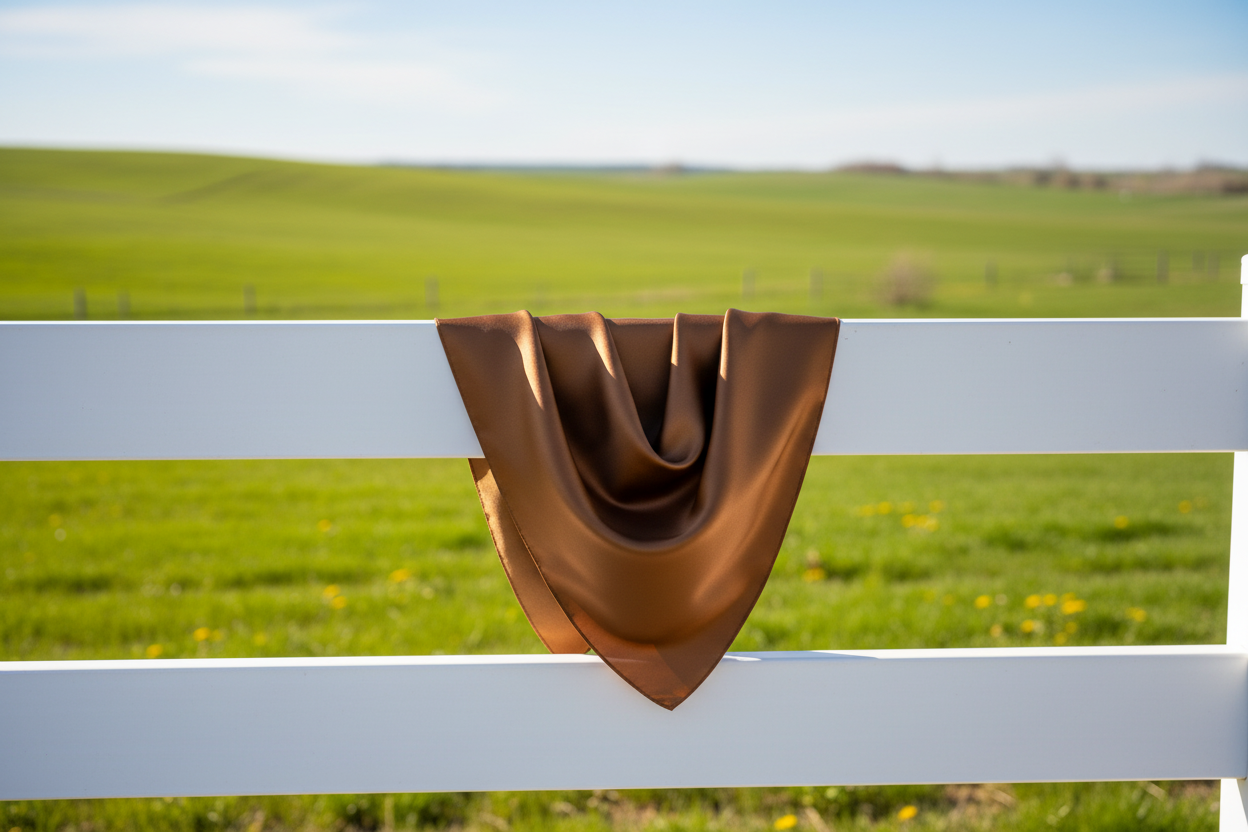 Saddle brown wild rag draped on white fence with spring green grass and blue sky