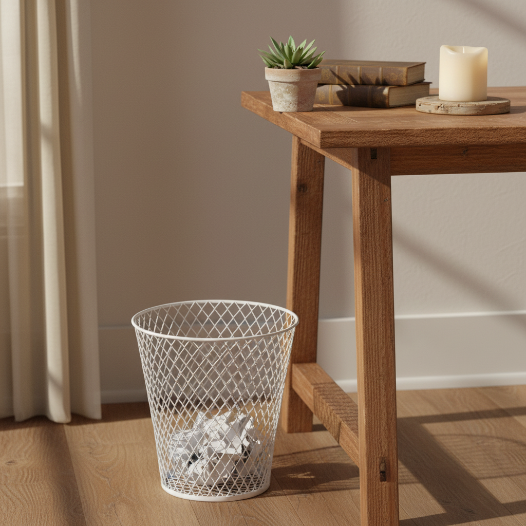 White wire mesh basket styled as a farmhouse waste basket on a wooden desk with succulents and candle