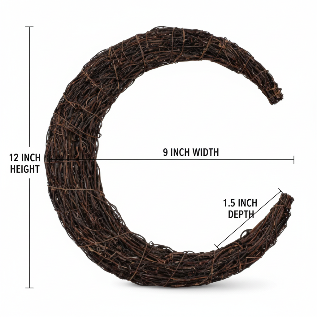 Crescent moon wreath dimensions diagram 12 inch height 9 inch width 1.5 inch depth