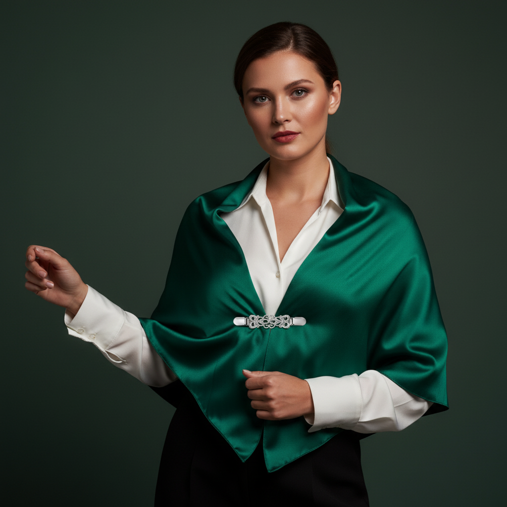 Silver sweater clip holding green satin wild rag scarf as shawl wrap, luxury editorial