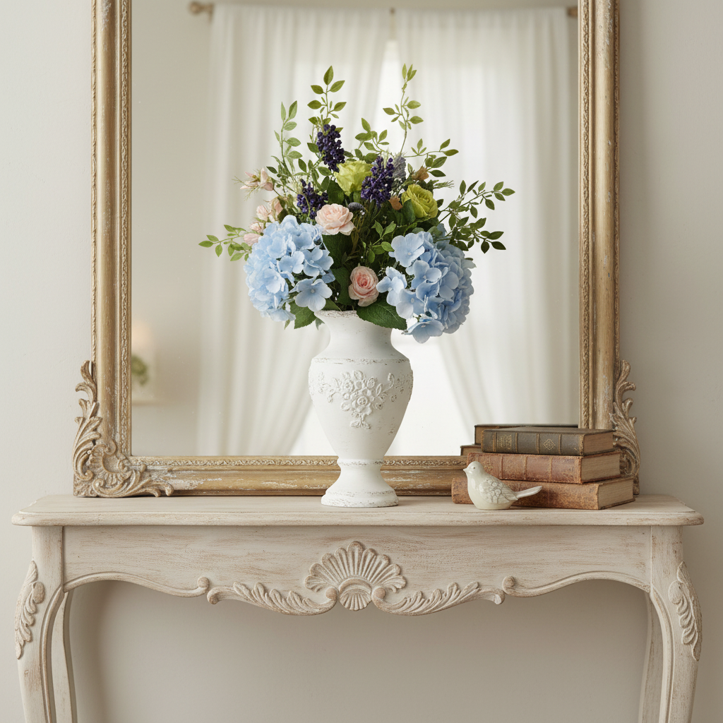 Artificial blue hydrangea green rose bouquet in distressed vintage vase on French provincial console table with shabby chic styling