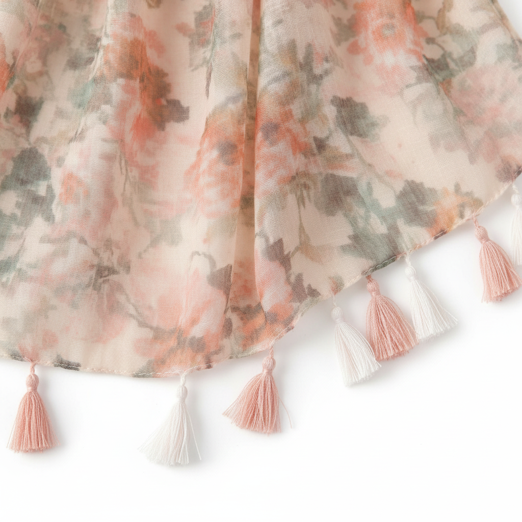 Close-up detail of blush pink floral scarf fabric showing peach and sage green floral print and pink white tassels on short end