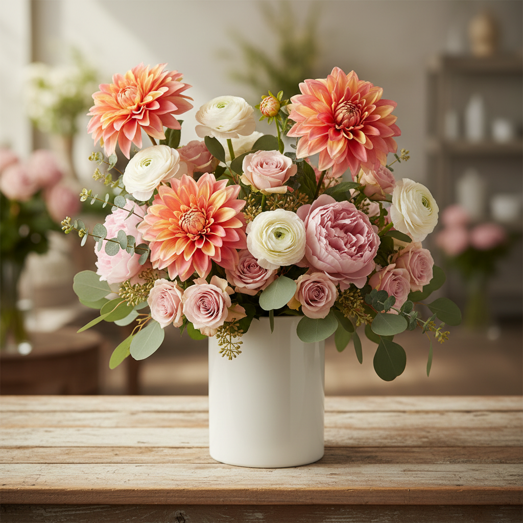 Coral dahlia stems mixed with white ranunculus, blush roses, peonies and eucalyptus in white ceramic vase