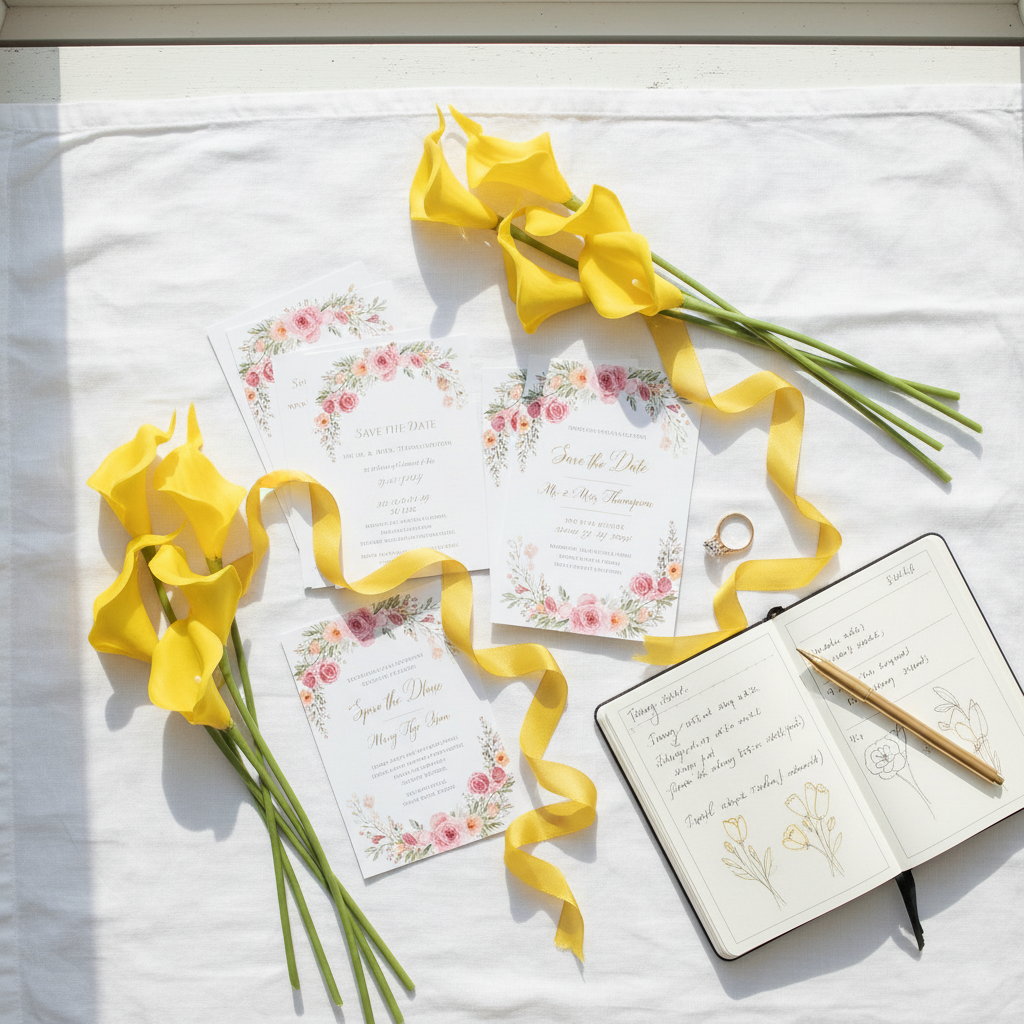 Flat lay of sunny yellow faux calla lily stems on white linen with spring wedding invitation cards and yellow ribbon