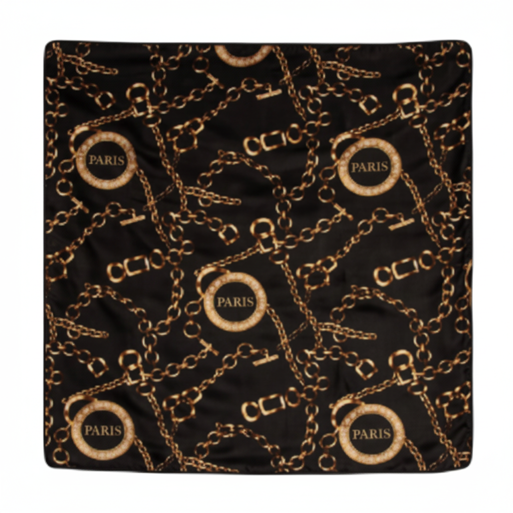 Black Gold Paris Chain Satin Square Scarf 20x20 Medallion Ring Print on White Background