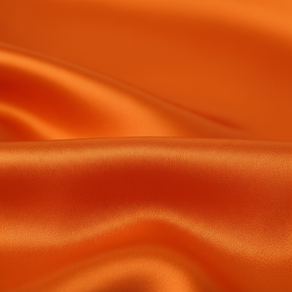 Close-up of orange satin fabric showing smooth silky texture and luxurious sheen detail