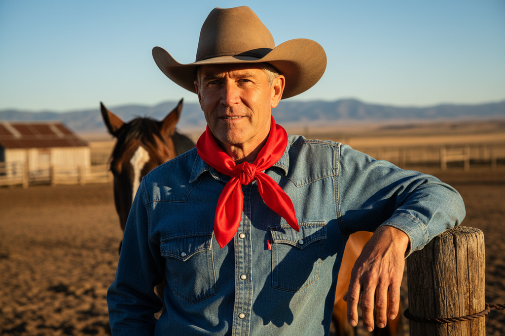 Cowboy wearing bright red wild rag tied in classic front knot with denim shirt and cowboy hat