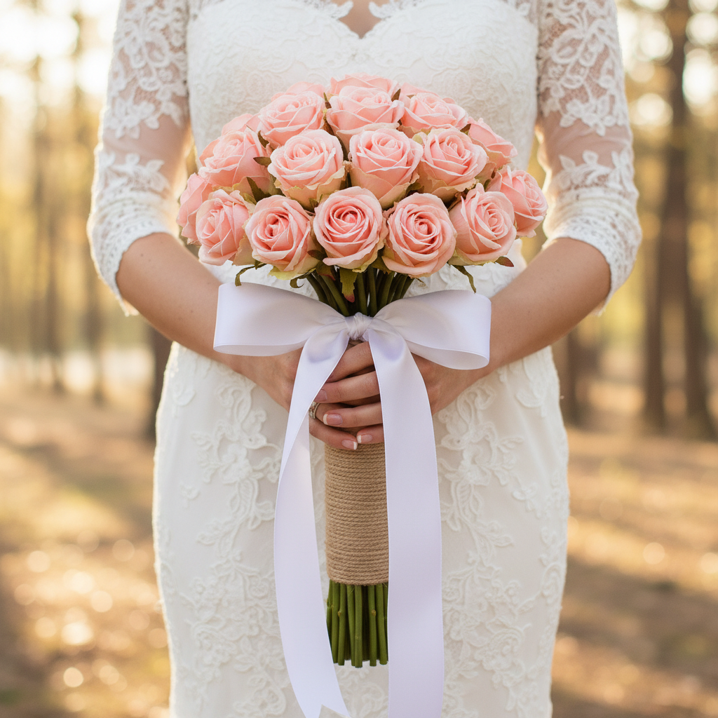 Blush pink rose bouquet bridal wedding flowers hand-held by bride in white lace dress romantic jute twine wrap