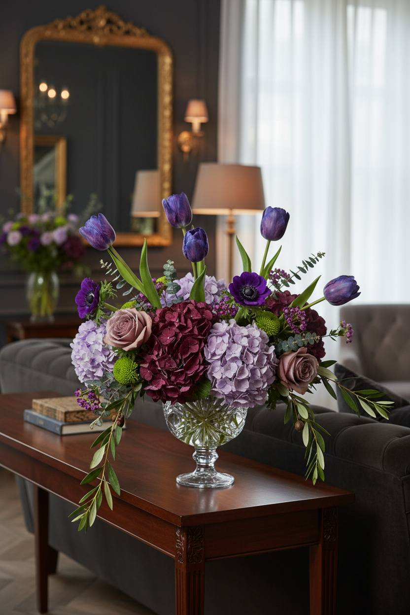 Purple Real Touch artificial tulip bouquet with 6 stems arranged in an elegant crystal footed vase with burgundy-purple hydrangeas, plum anemones, dusty mauve roses, and trailing eucalyptus, styled on a dark walnut console in a moody sophisticated living room with warm brass accents and soft lamplight