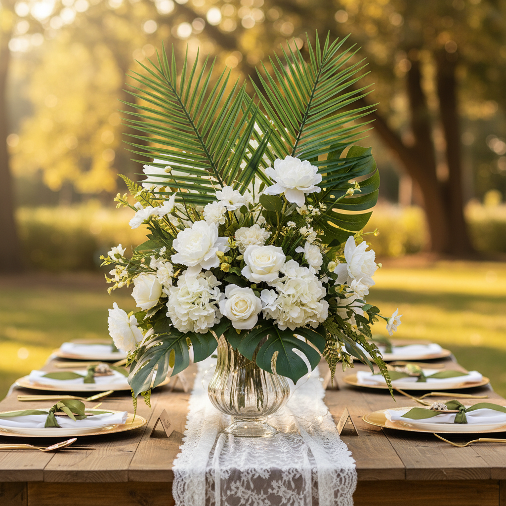 Artificial palm leaf stems in tropical wedding centerpiece with white flowers on decorated reception table
