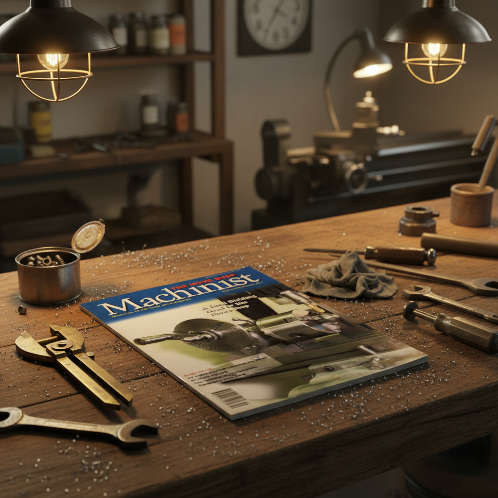 The Home Shop Machinist magazine displayed on rustic wooden workbench with vintage machinist tools, calipers and metal shavings in warm workshop lighting