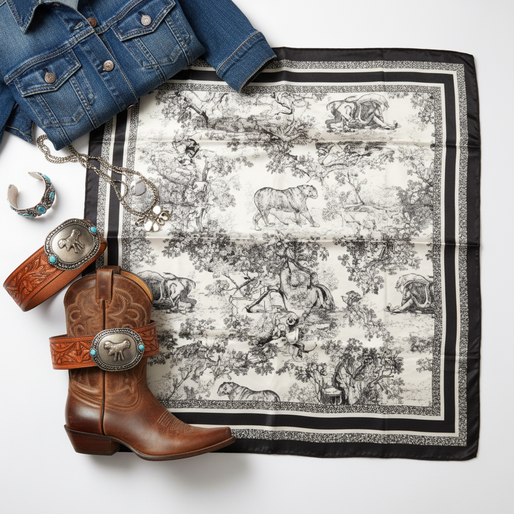 Black and white African jungle safari animal print satin scarf flat lay with western accessories cowboy boots belt silver jewelry denim