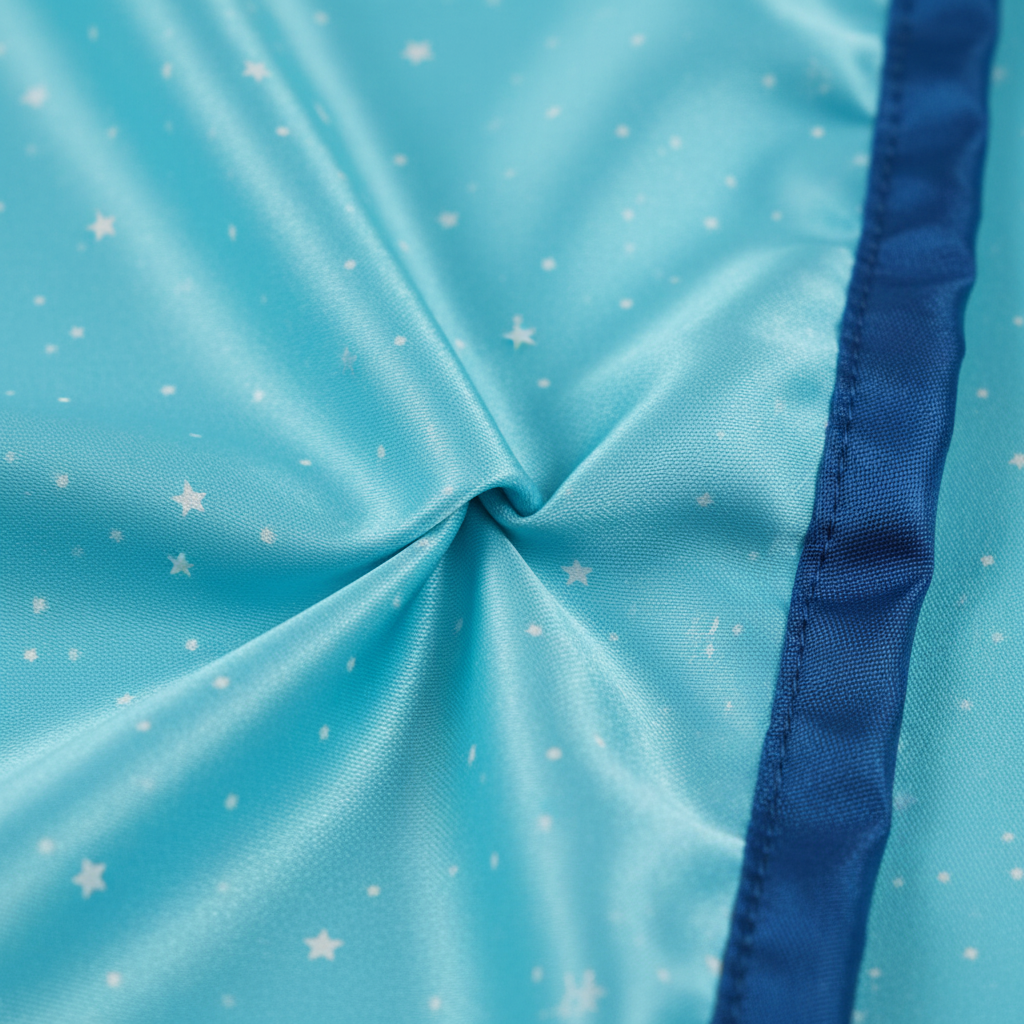 Close-up detail of turquoise blue satin fabric with white star print celestial pattern and navy border