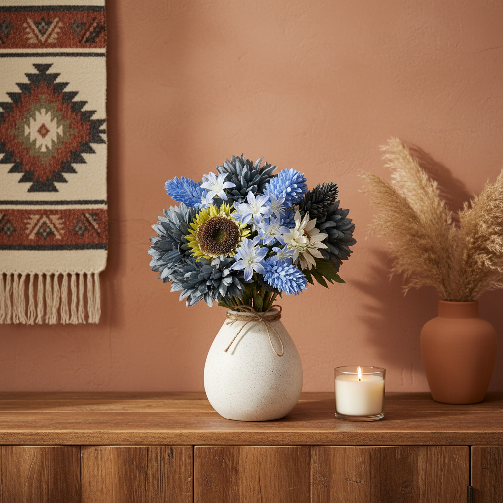 Artificial Blue Mum White Sunflower Bouquet Southwestern Style Decor Terracotta Accents Faux Silk Flowers