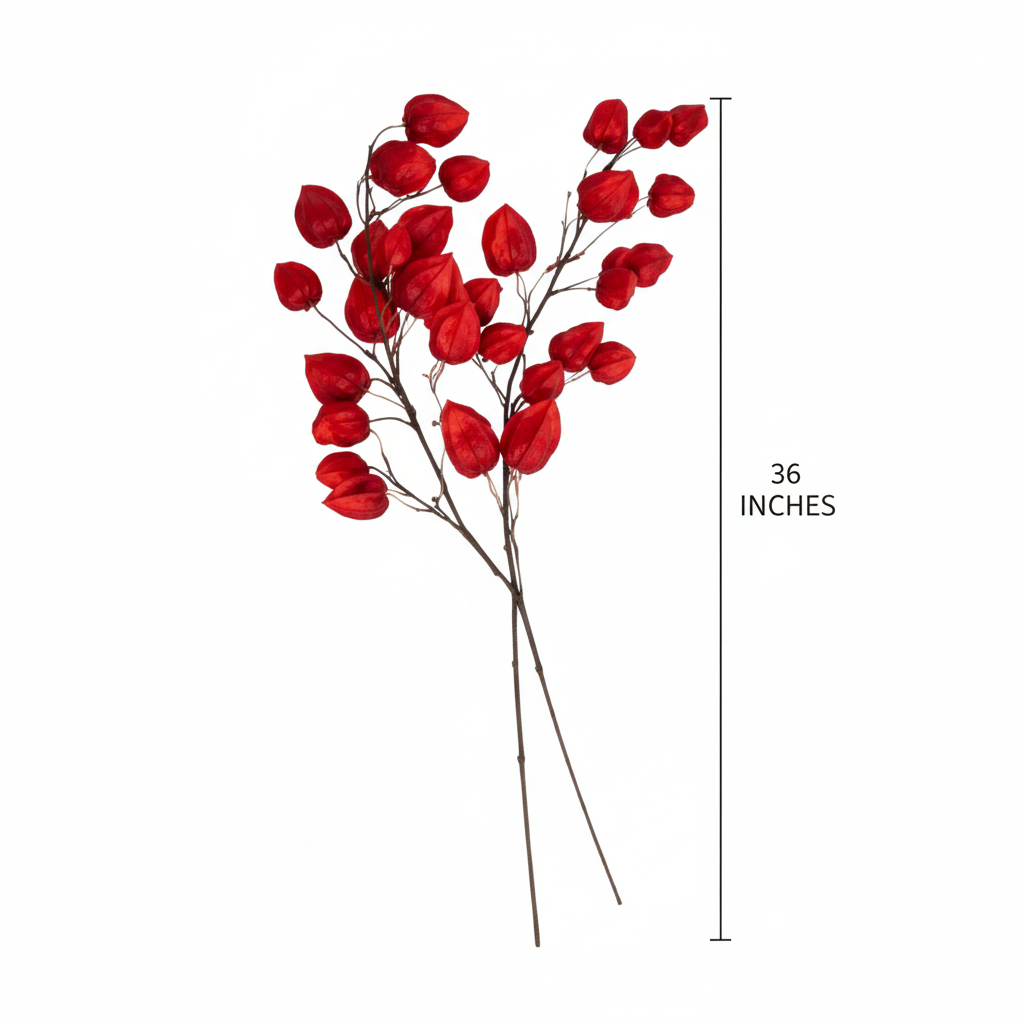 Flat lay measurement diagram of red burgundy Chinese lantern stems showing 36 inch height on white background
