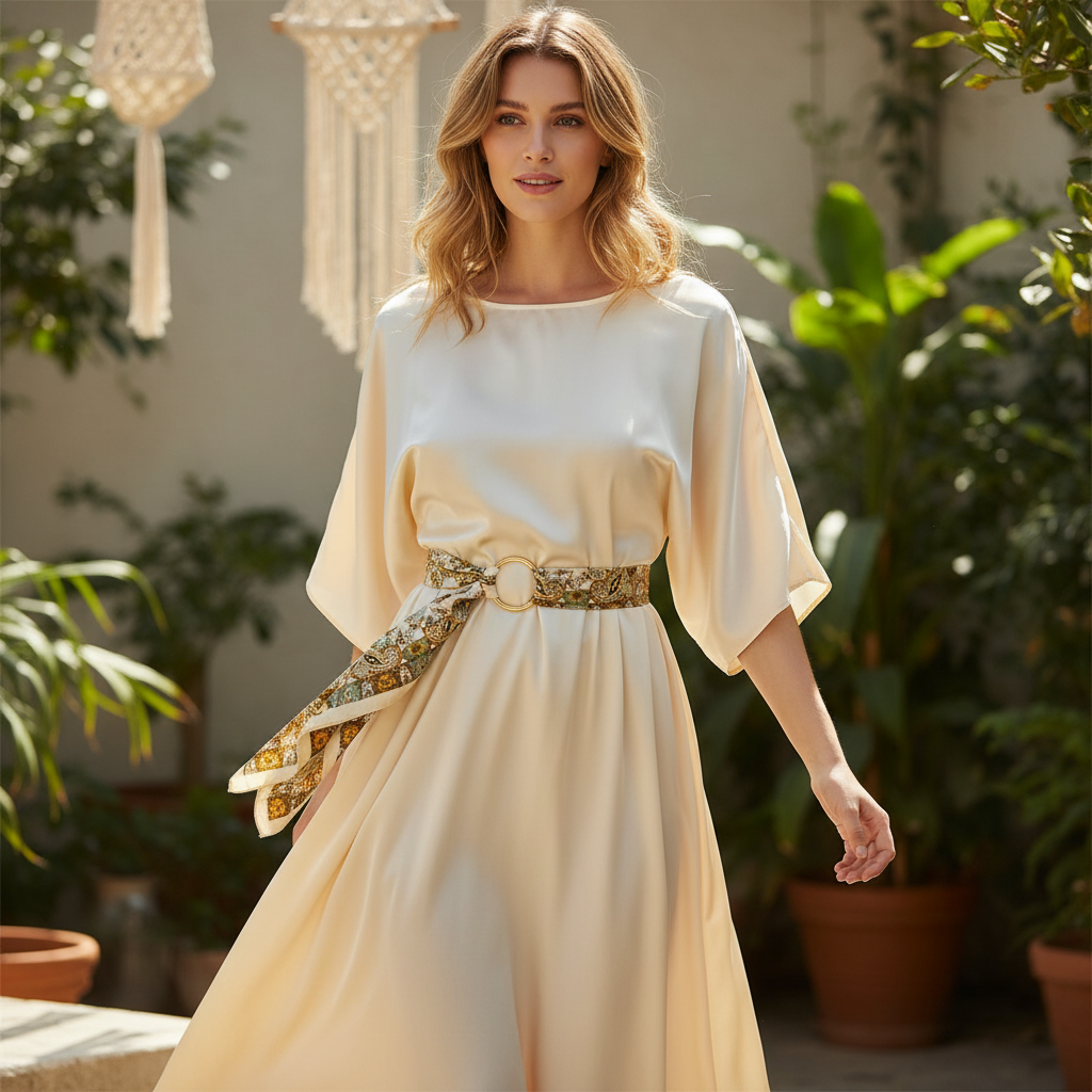 Woman wearing cream gold paisley satin scarf looped through a gold ring as a waist belt over a boho cream satin dress