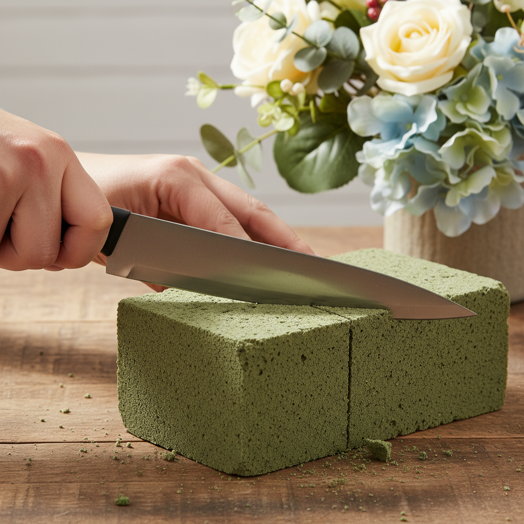 Hands cutting a plain green dry floral foam brick with a knife on a wooden craft table