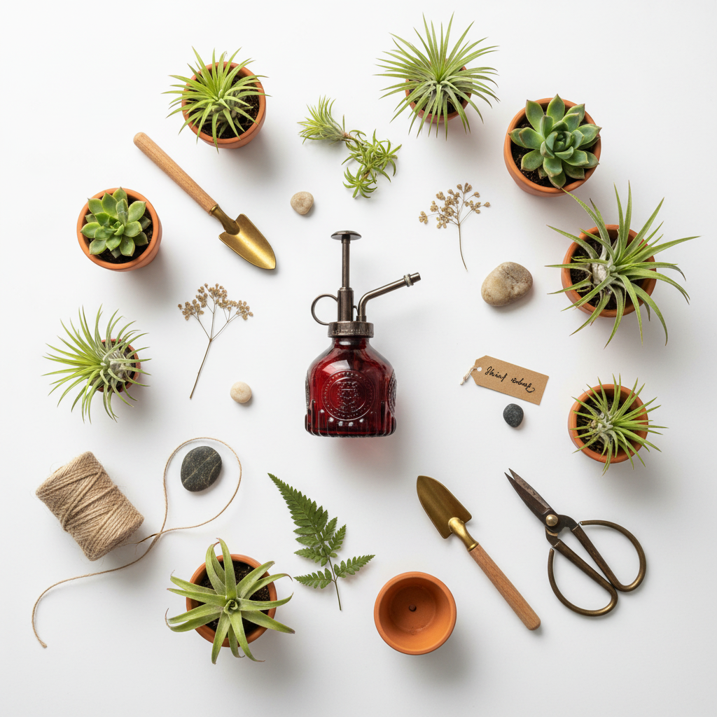 Red glass plant mister flat lay with air plants succulents and botanical accessories on white surface