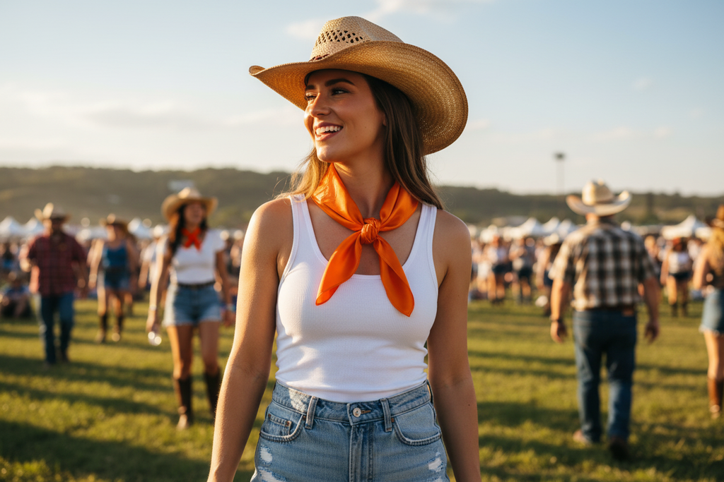 Orange wild rag at summer country concert with white tank and denim