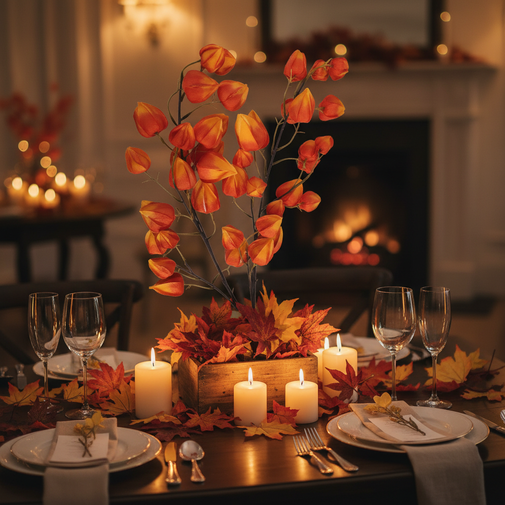 Two artificial orange Chinese lantern flower stems styled as elegant wedding centerpiece with white candles and autumn leaves