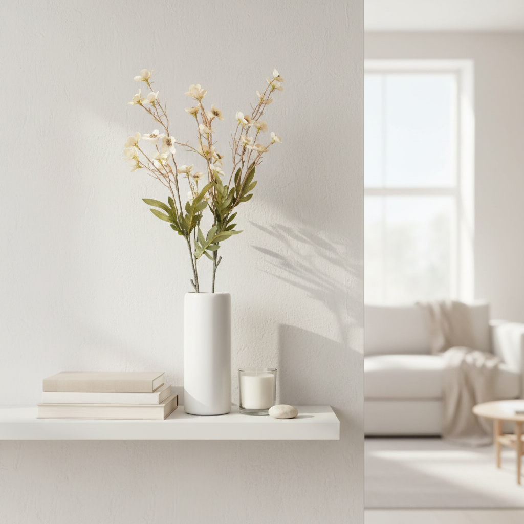 Artificial cream beige dogwood stems in white ceramic vase on minimalist living room shelf with neutral books and candle