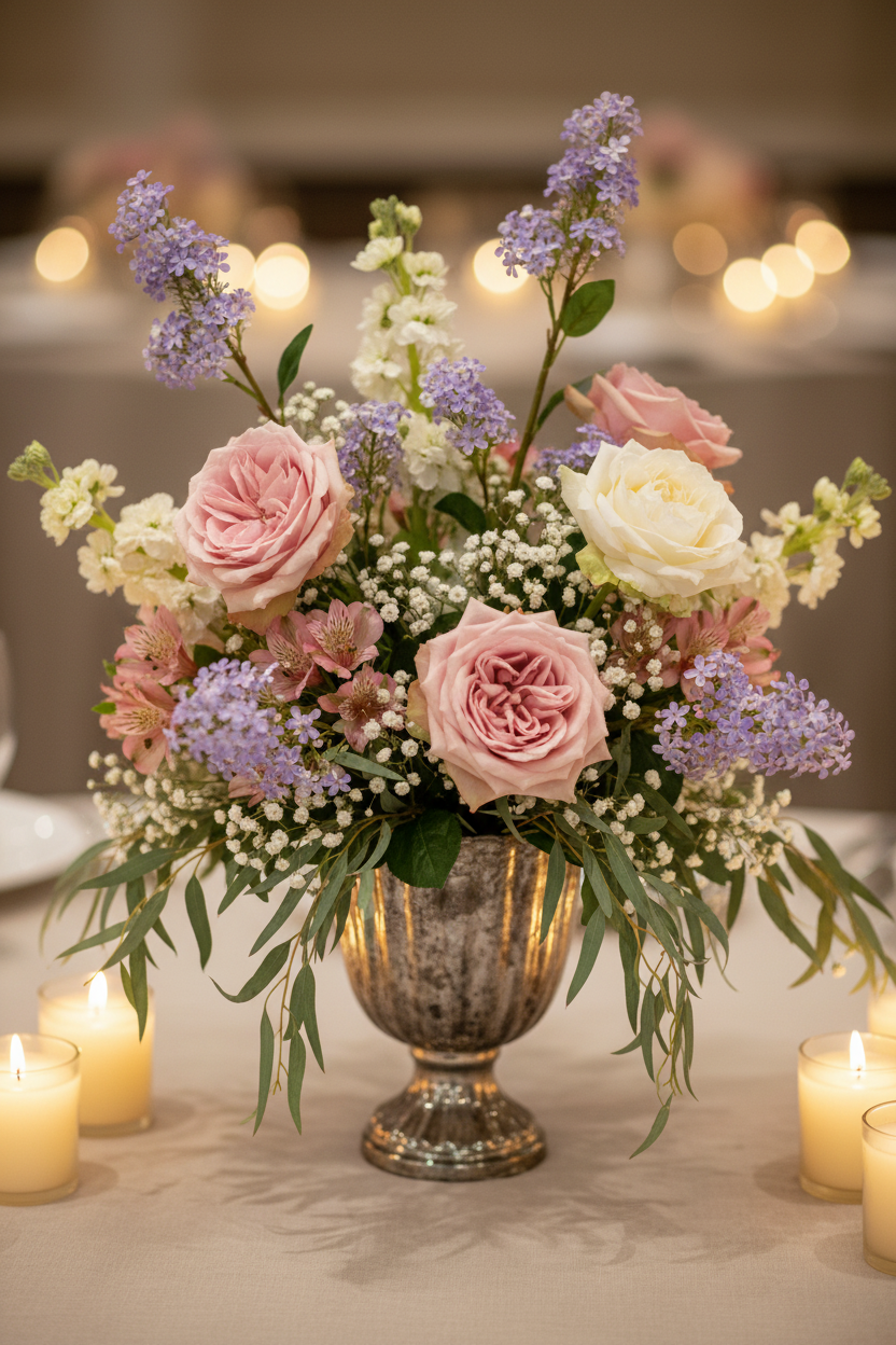 Artificial purple lilac stems in wedding reception centerpiece with blush and white roses, pink alstroemeria and baby's breath in vintage vase with candles