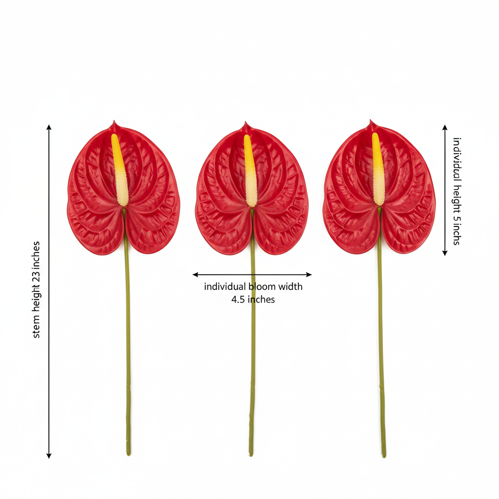 Measurement diagram showing 23 inch stem height, 4.5 inch bloom width, and 5 inch bloom height for artificial Anthurium stems