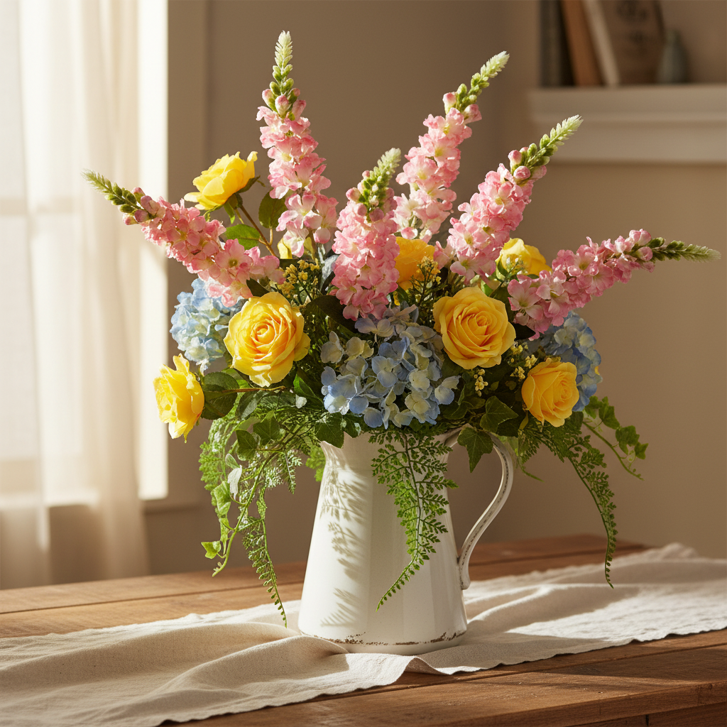 Pink and white snapdragon stems with yellow roses and blue hydrangeas in cottage style arrangement