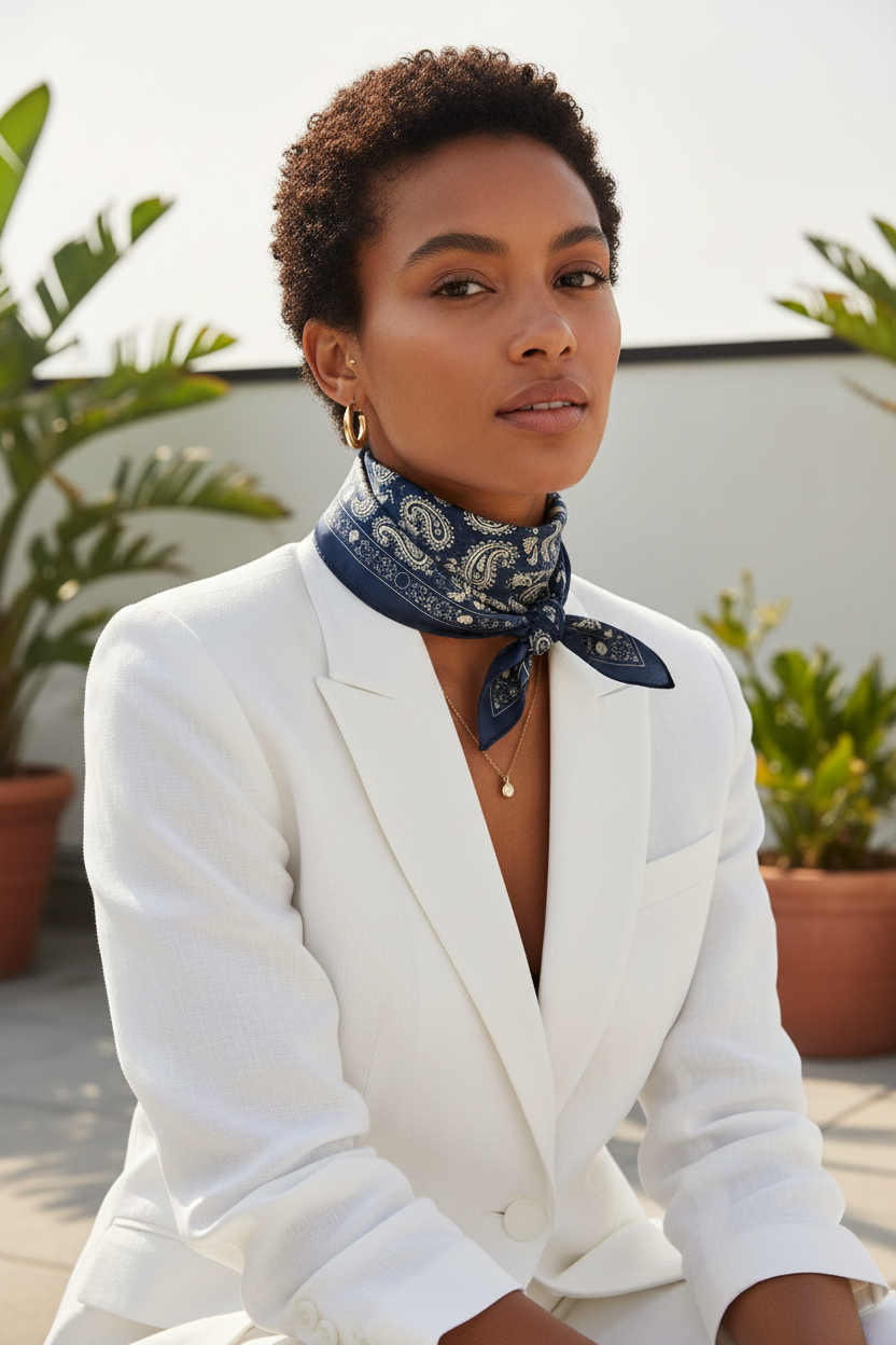 Woman with warm brown skin and short natural hair wearing navy blue satin paisley scarf tied as a classic bandana neck tie over a crisp white linen blazer on a bright rooftop terrace