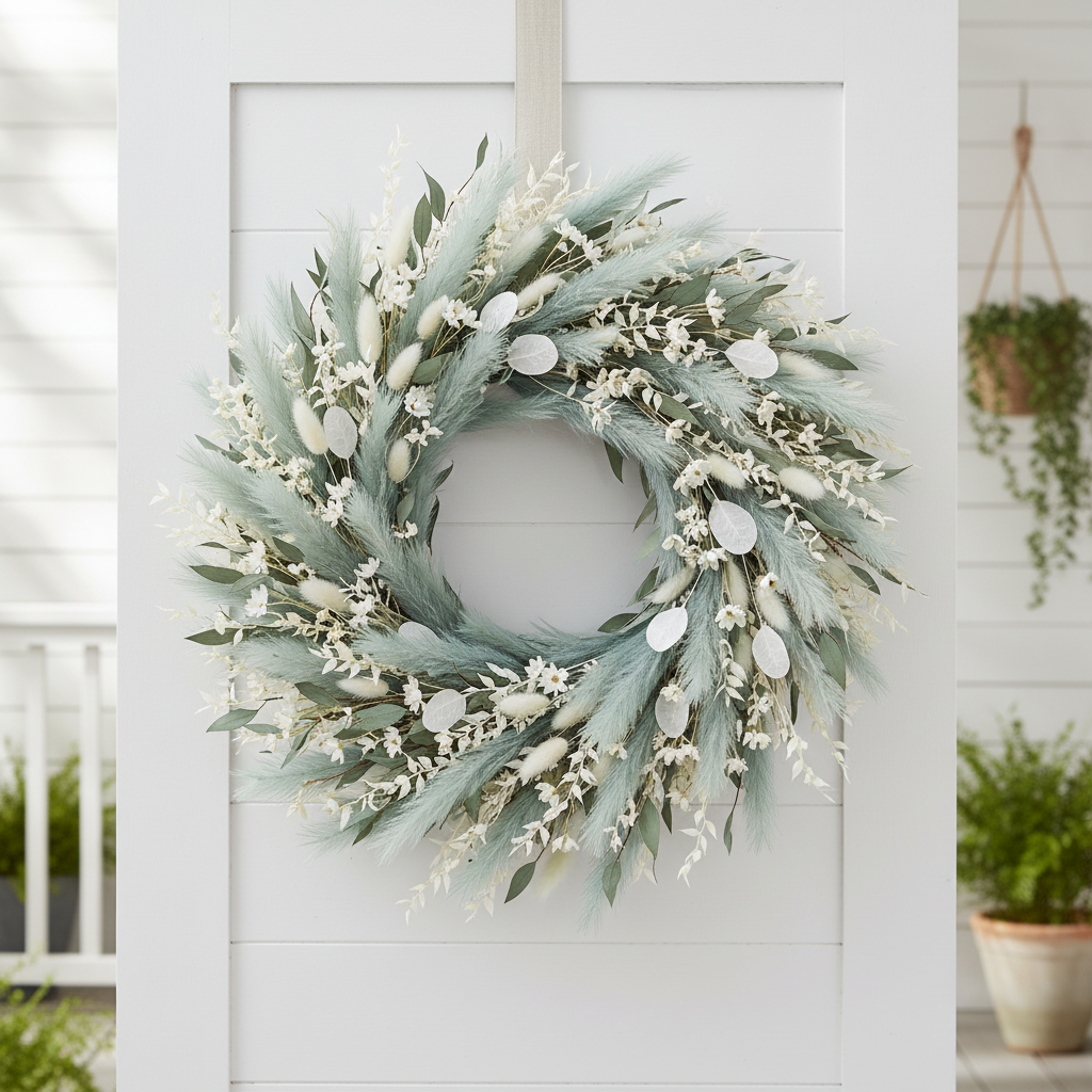 Smoky teal faux pampas grass stems woven into a full coastal wreath with bleached ruscus, bunny tails, and white lunaria on a white shiplap front door