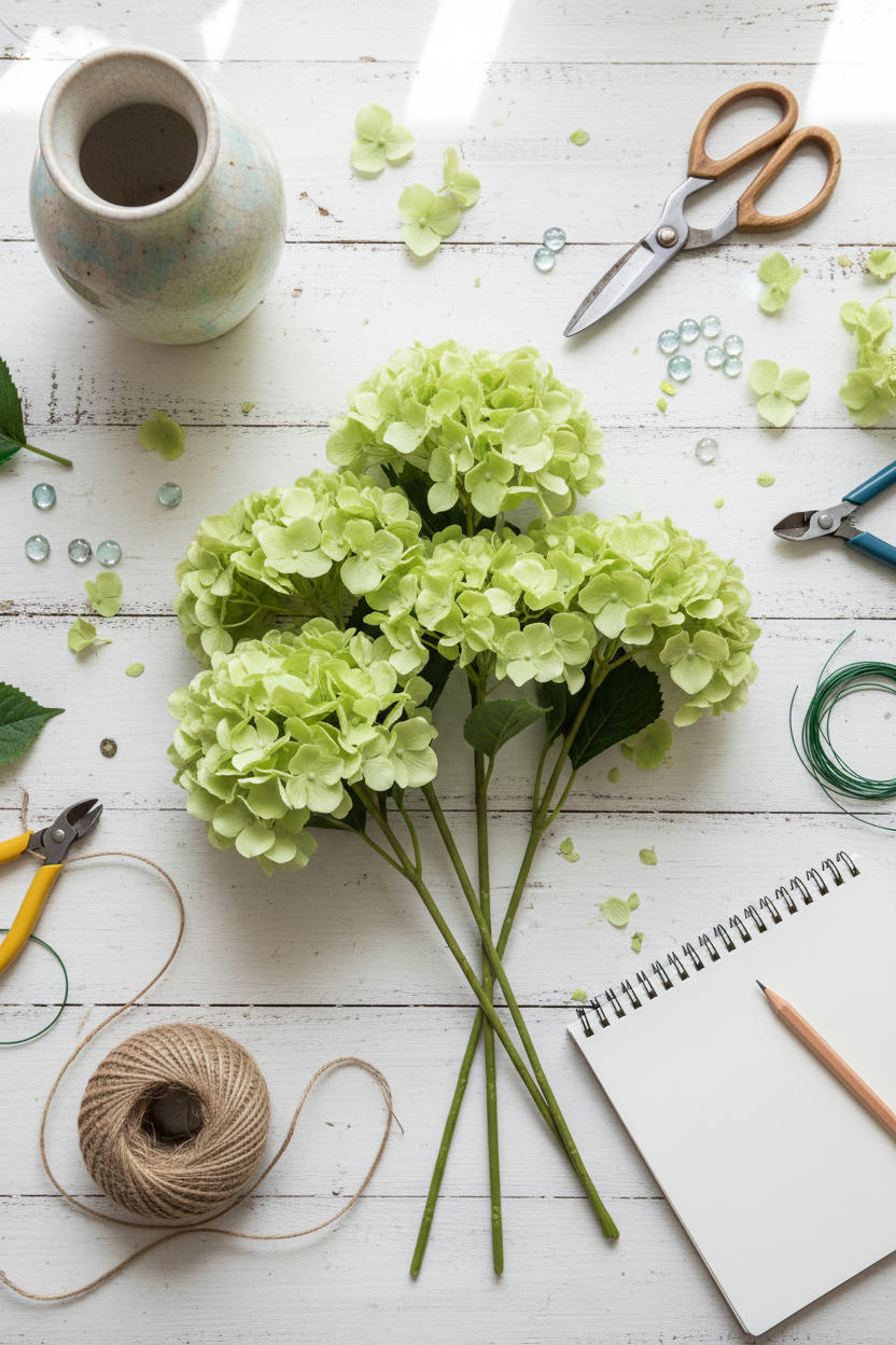 DIY floral arrangement workspace with light green hydrangea stems, scissors, and craft supplies overhead view