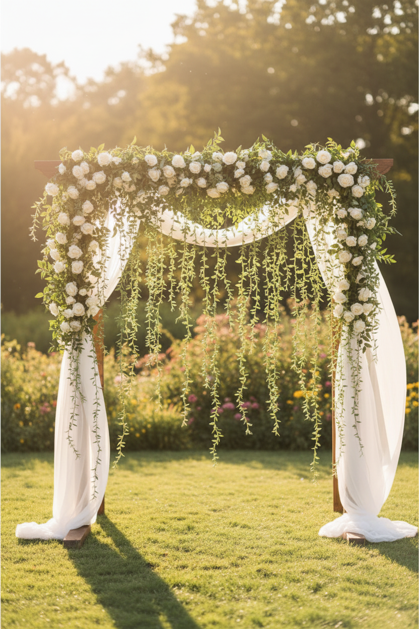 Delicate artificial trailing greenery vines draped over a romantic outdoor wedding arch with white florals and sheer fabric panels in a garden setting