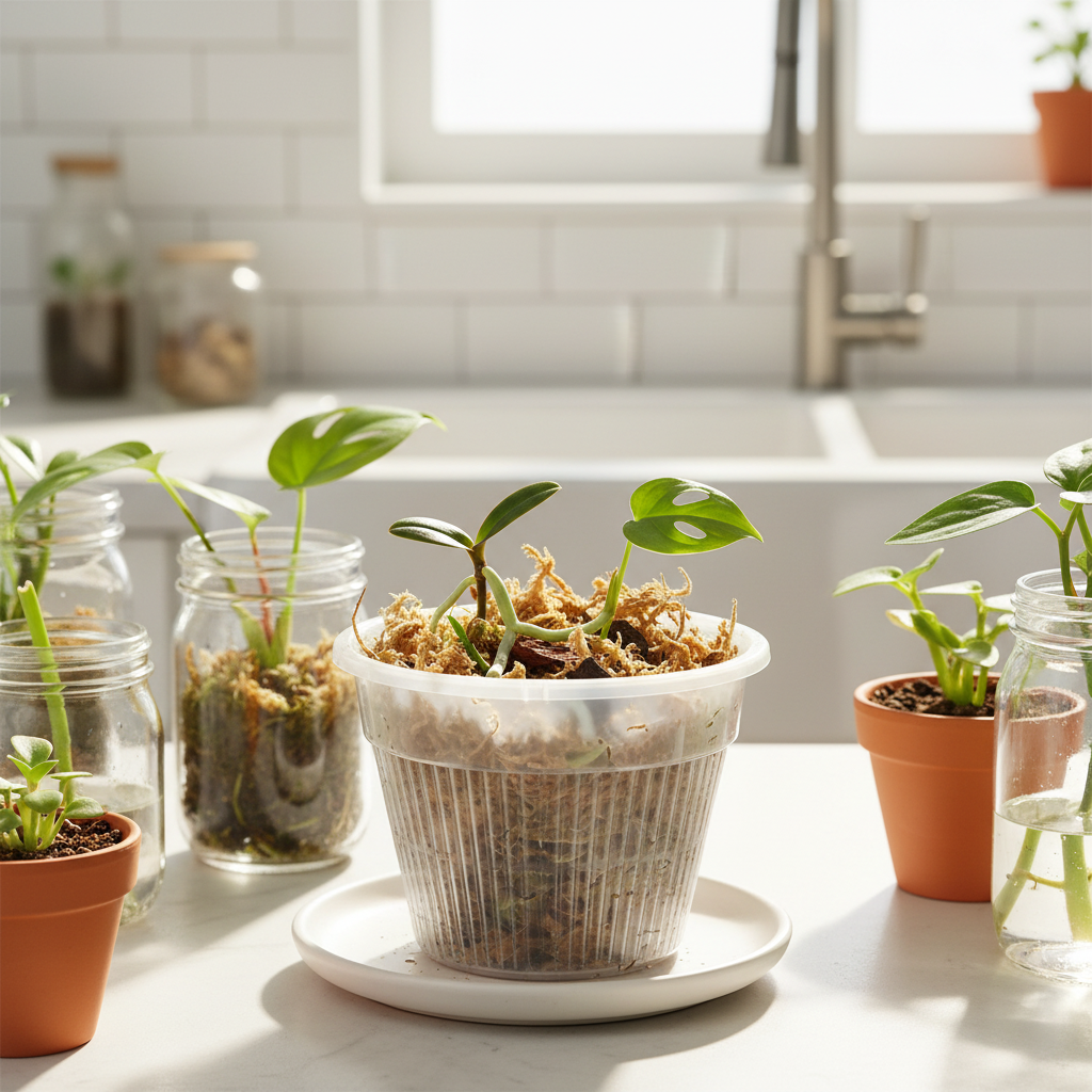 Clear 5 inch slotted orchid pot with open air slits used in a propagation station on a bright kitchen windowsill