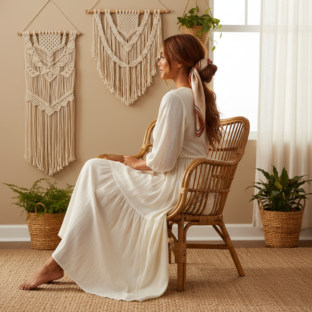 Woman with creamy tan paisley satin scarf tied as boho hair wrap around low bun in rattan chair boho chic style
