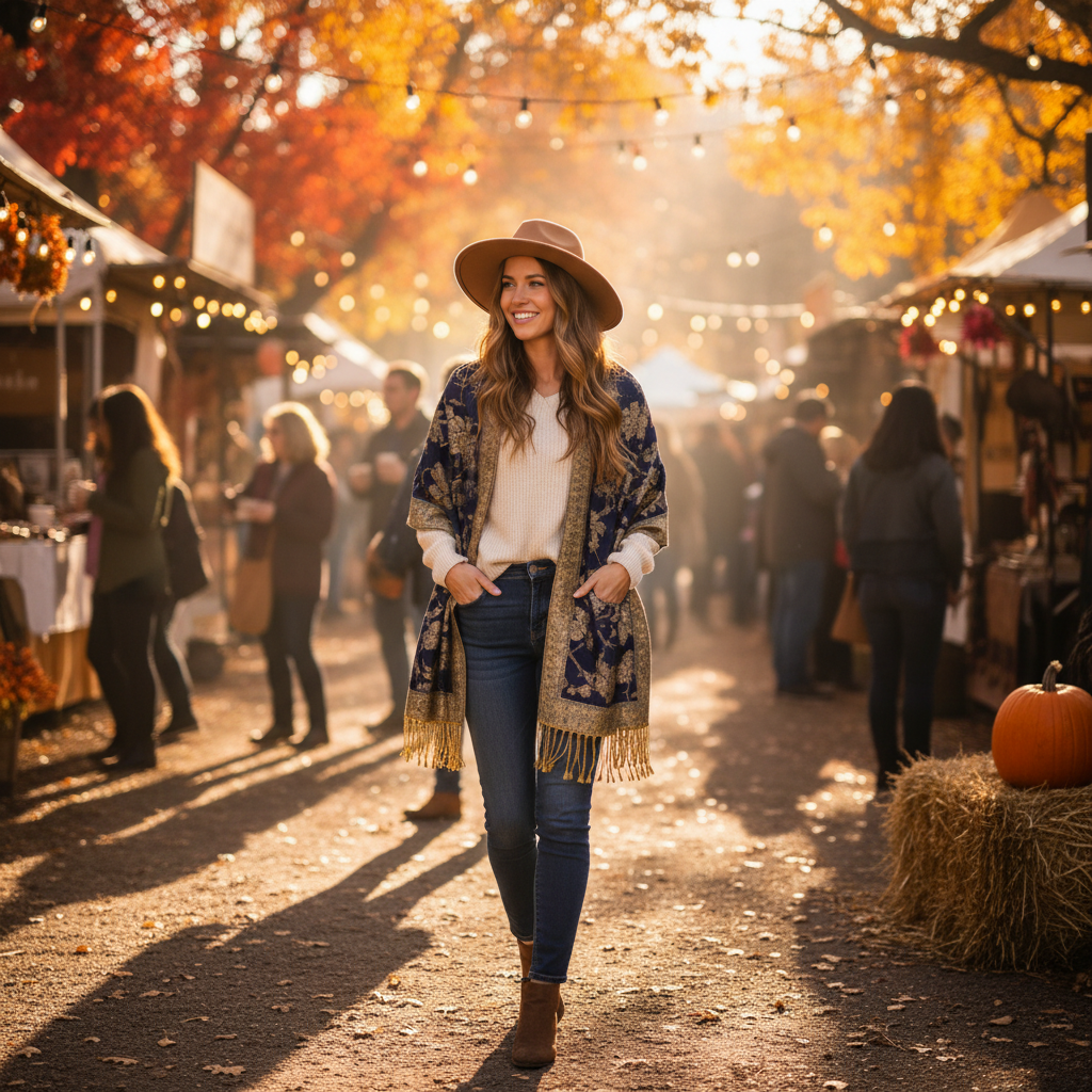 Woman wearing navy blue gold paisley jacquard fringe shawl wrap at outdoor autumn festival golden hour