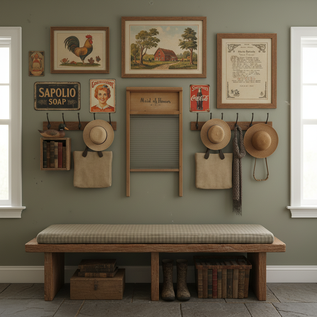 Vintage Maid of Honor washboard styled in gallery wall display with folk art and primitive decor in mudroom setting