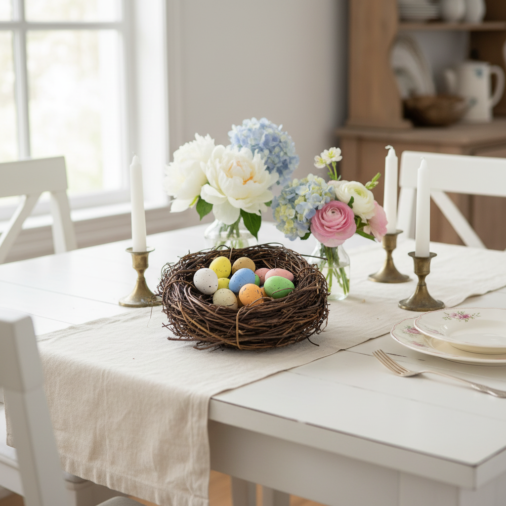 Rustic twig nest with speckled pastel eggs styled as spring centerpiece on white farmhouse dining table with flowers