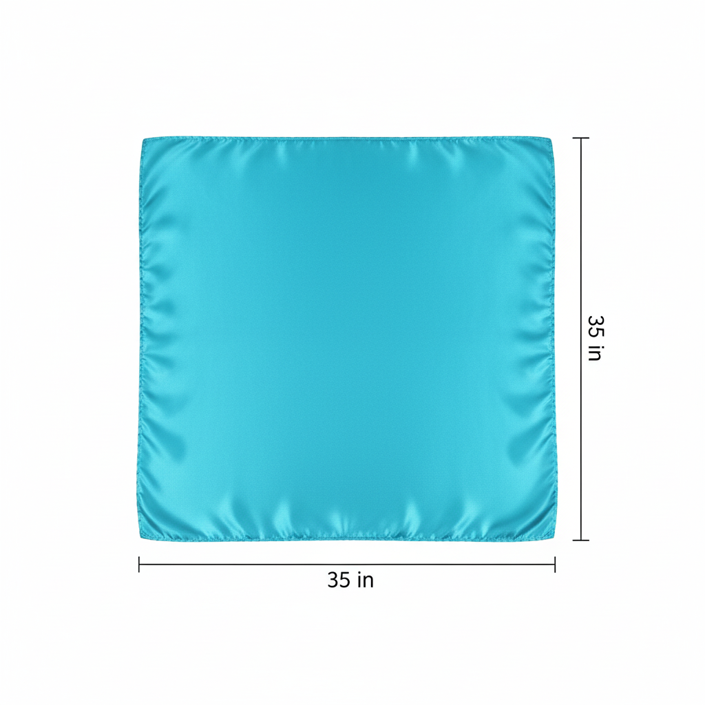 Turquoise blue wild rag scarf measurement diagram showing 35 x 35 inch dimensions