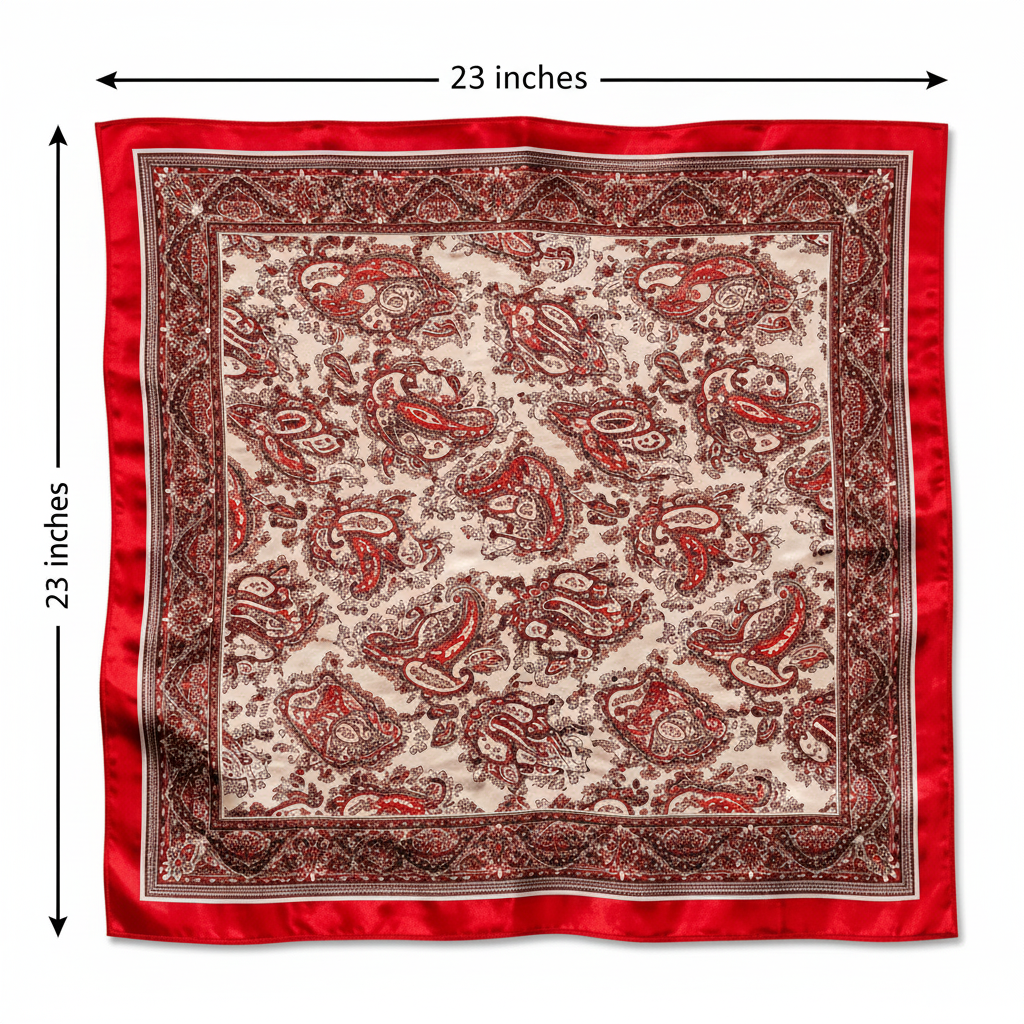 Red paisley satin square scarf measurement diagram showing 23 inches by 23 inches dimensions flat lay white background