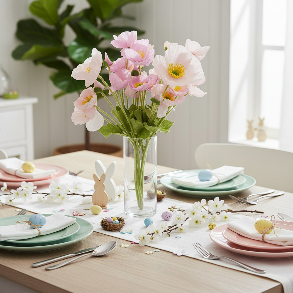 Easter spring tablescape with pink and lavender poppy bouquet centerpiece in glass vase with pastel table setting and spring decor