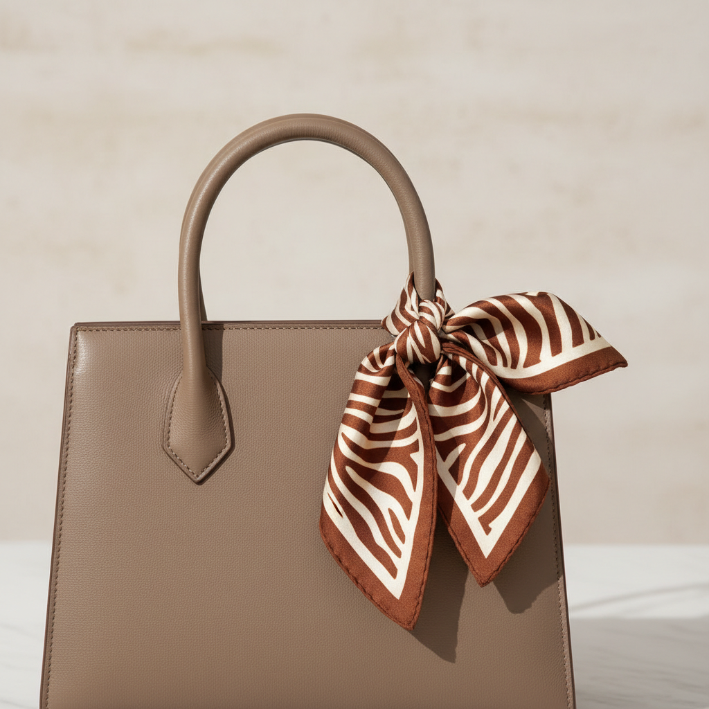 Brown cream zebra wave print satin scarf tied on handbag handle as trendy bag charm