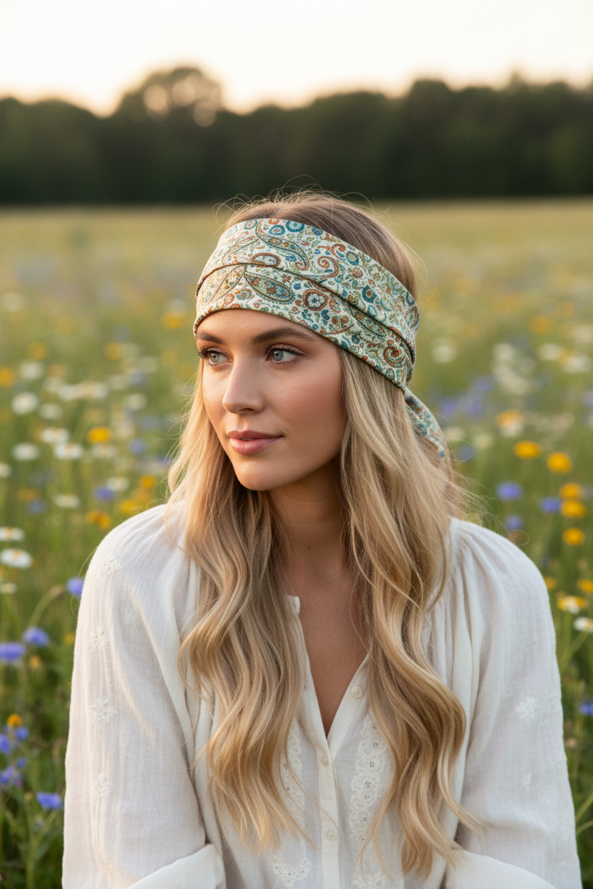 Paisley floral satin scarf in cream ivory green teal blue and rust orange worn as boho head wrap headband on woman with long wavy blonde hair in flowy cream blouse outdoors