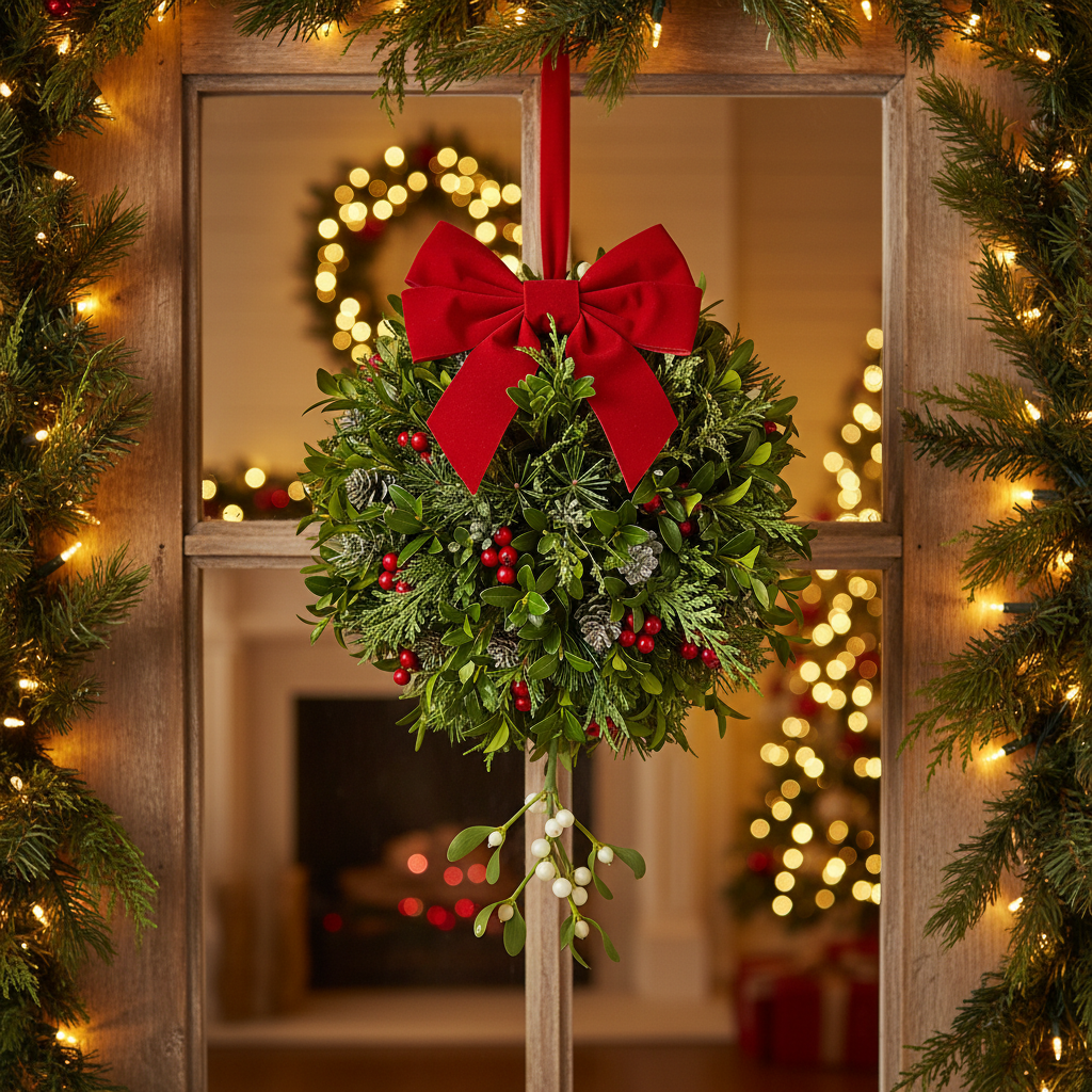 White 4 inch foam ball made into a Christmas kissing ball with greenery, red berries, mistletoe and red velvet ribbon hanging in a decorated doorway