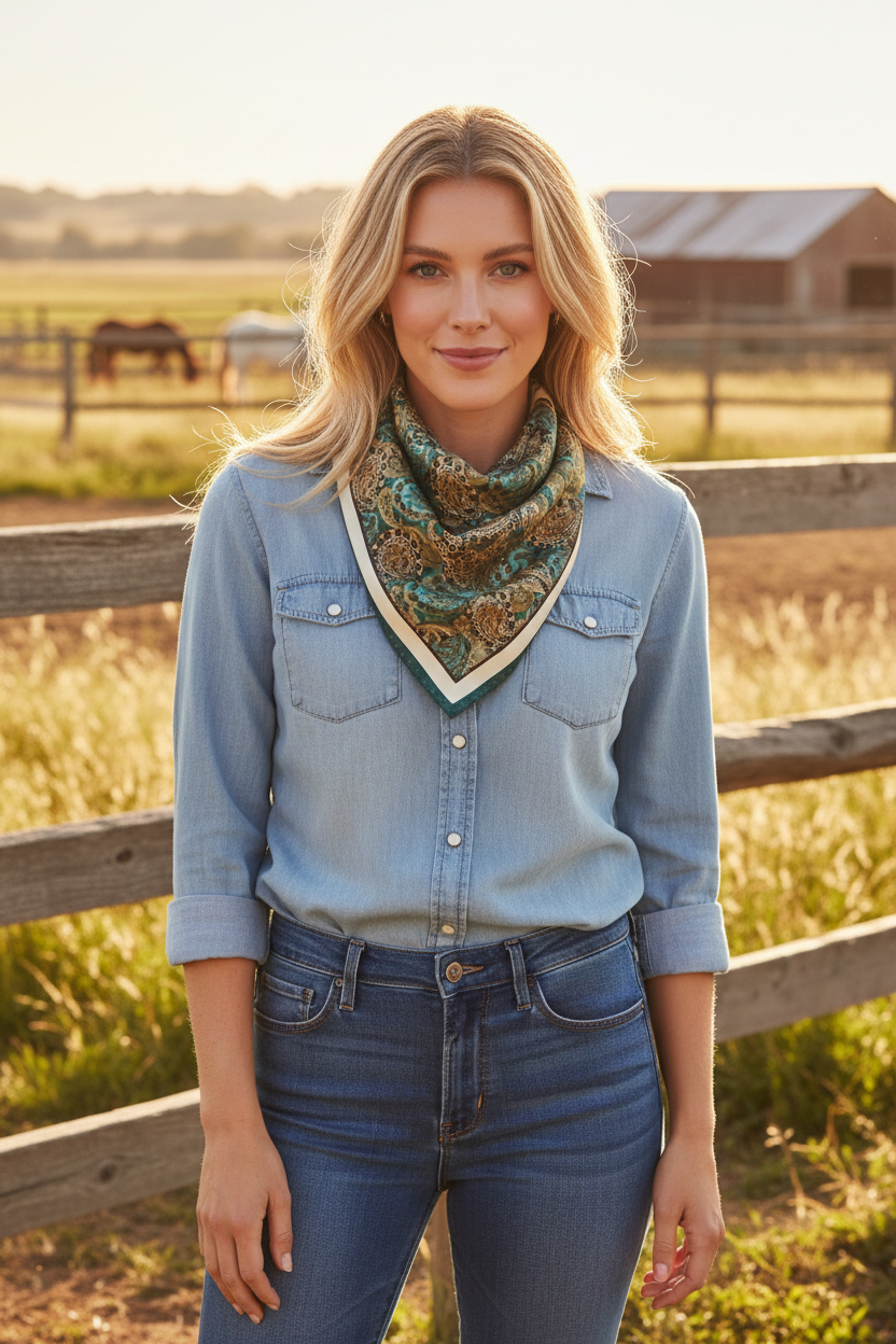 Woman wearing teal and gold paisley satin square scarf tied as a neck bandana over a chambray shirt and jeans in a bright outdoor equestrian setting