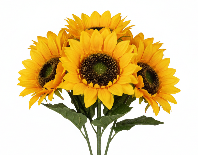 Vibrant yellow artificial sunflower bouquet with 5 stems and 5-inch blooms on white background